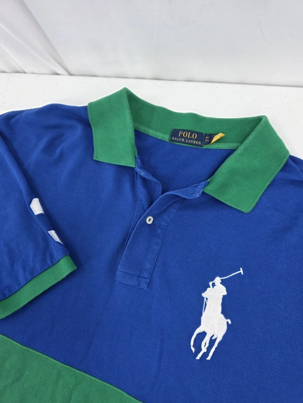 Polo Ralph Lauren Men's Pique Polo Big And Tall 2XLT Green Blue Stripe Big Pony.